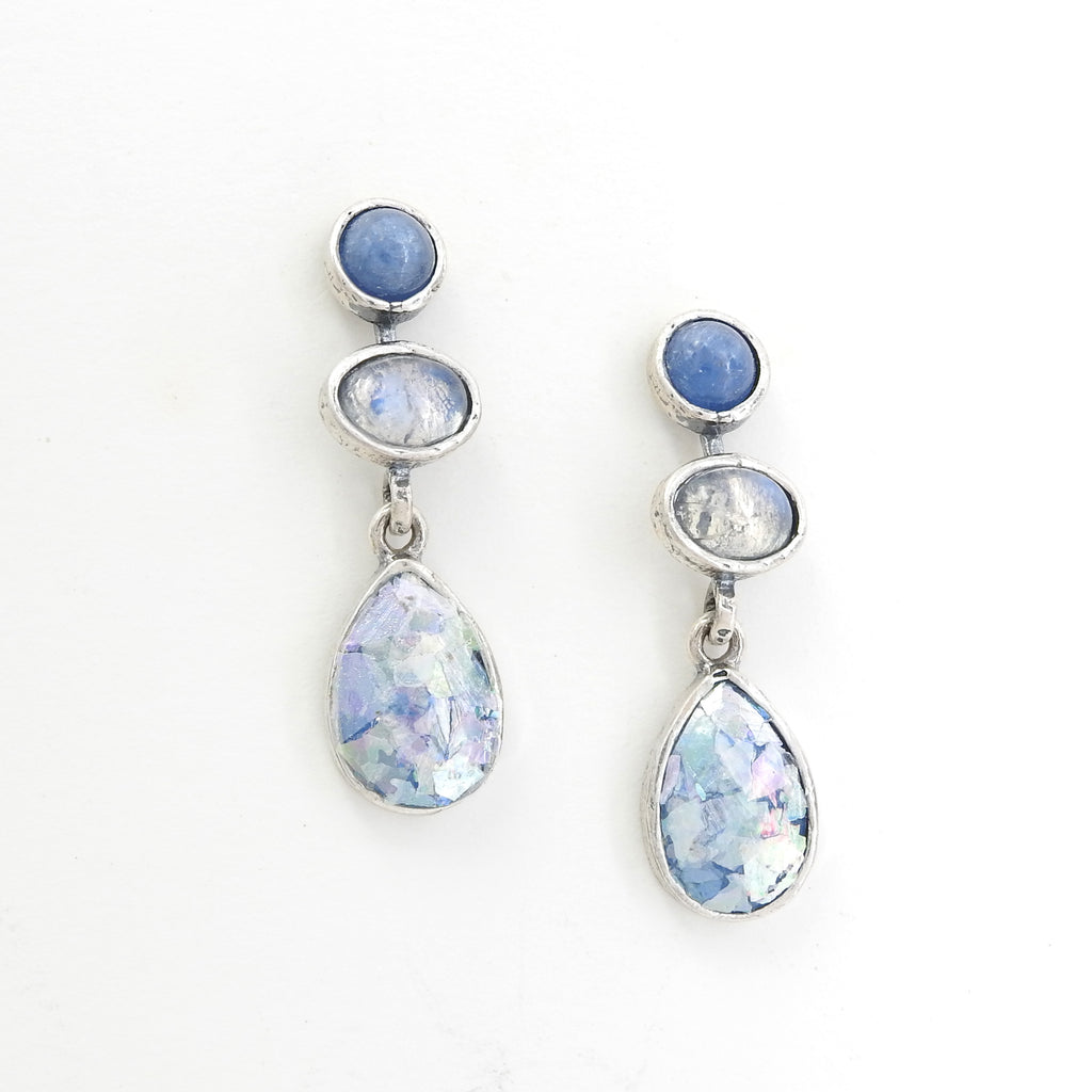 Sterling Silver Roman Glass Earrings w/ Kyanite & Moonstone