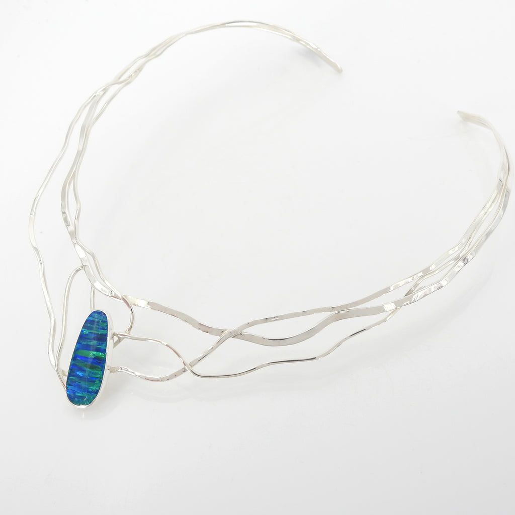 Sterling Silver Created Opal Collar Necklace